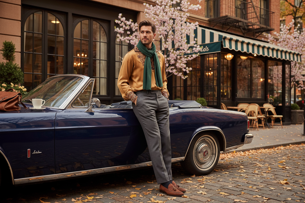 Man standing outside french / american vibish with a blouse and pants laying onto a car. Spring/ Autumn weather he is dressed well