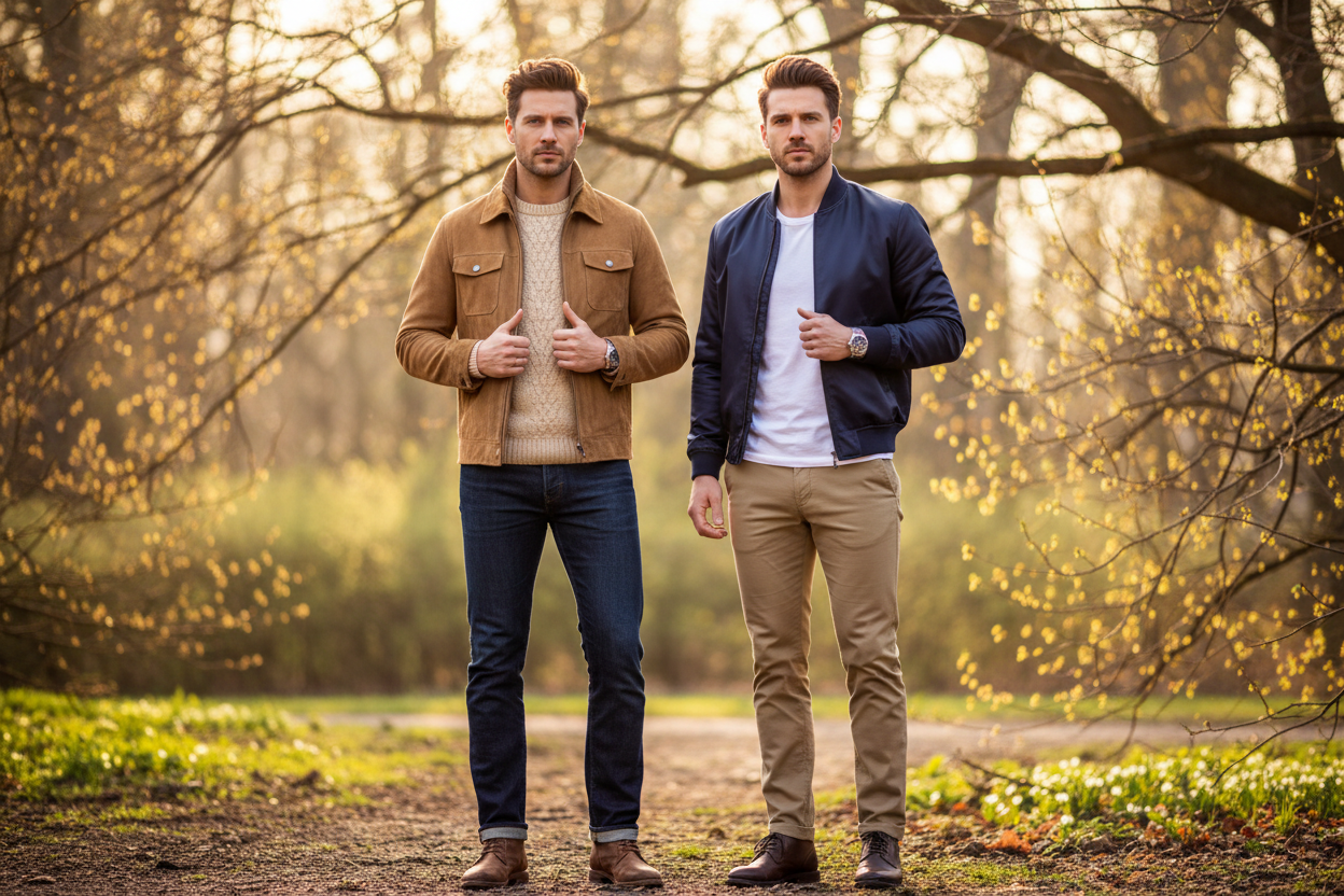 Men Fashion - 2 man standing looking into the camera Wearing men fashion america aautumn spring vibe